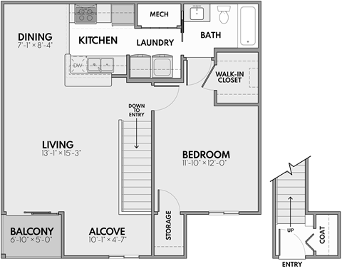Floor plan for 1 bed, 1 bath, 870 sqft